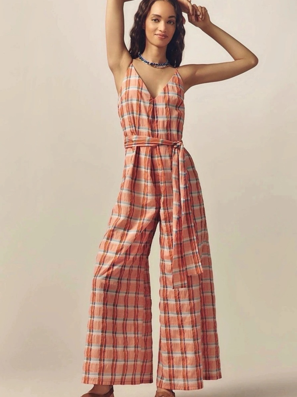 Anthropologie Coney Lynn Collins Plaid Wide Leg Jumpsuit in Orange & Blue Size S
